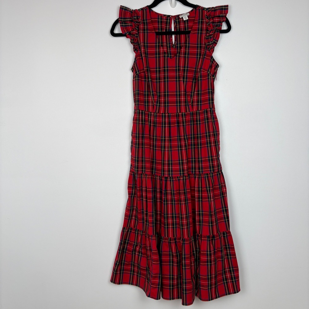 J.Crew Women Midi Dress 00 Red Tartan Plaid Ruffle Sleeve Tiered Pockets Holiday